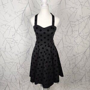 Hearts & Roses Black Velvet Polkadot Fit & Flare Halter Dress